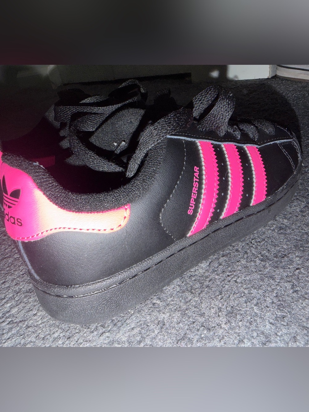 adidas Kids Superstar Sneakers - Black with Hot Pink Stripes